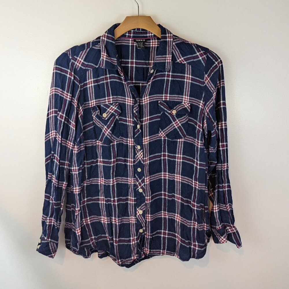 Torrid Blue/Maroon Flannel Buttondown Top, Sz 2X